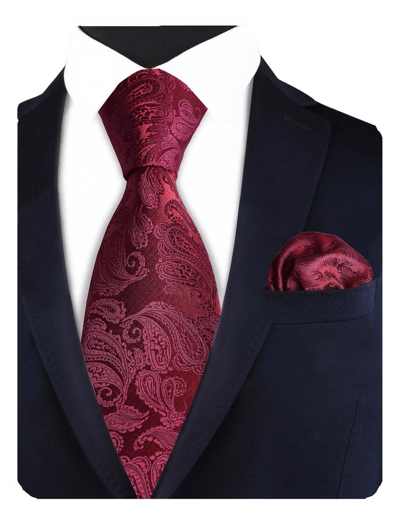 GUSLESON Burgundy Paisley Tie Sets Ties for Men Wedding Party Necktie Clip and Pocket Square Cufflinks Sets (6102-06) - Image 3